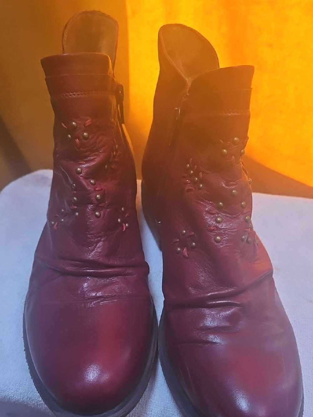 Women's Maroon Leather Embellished Ankle Boots